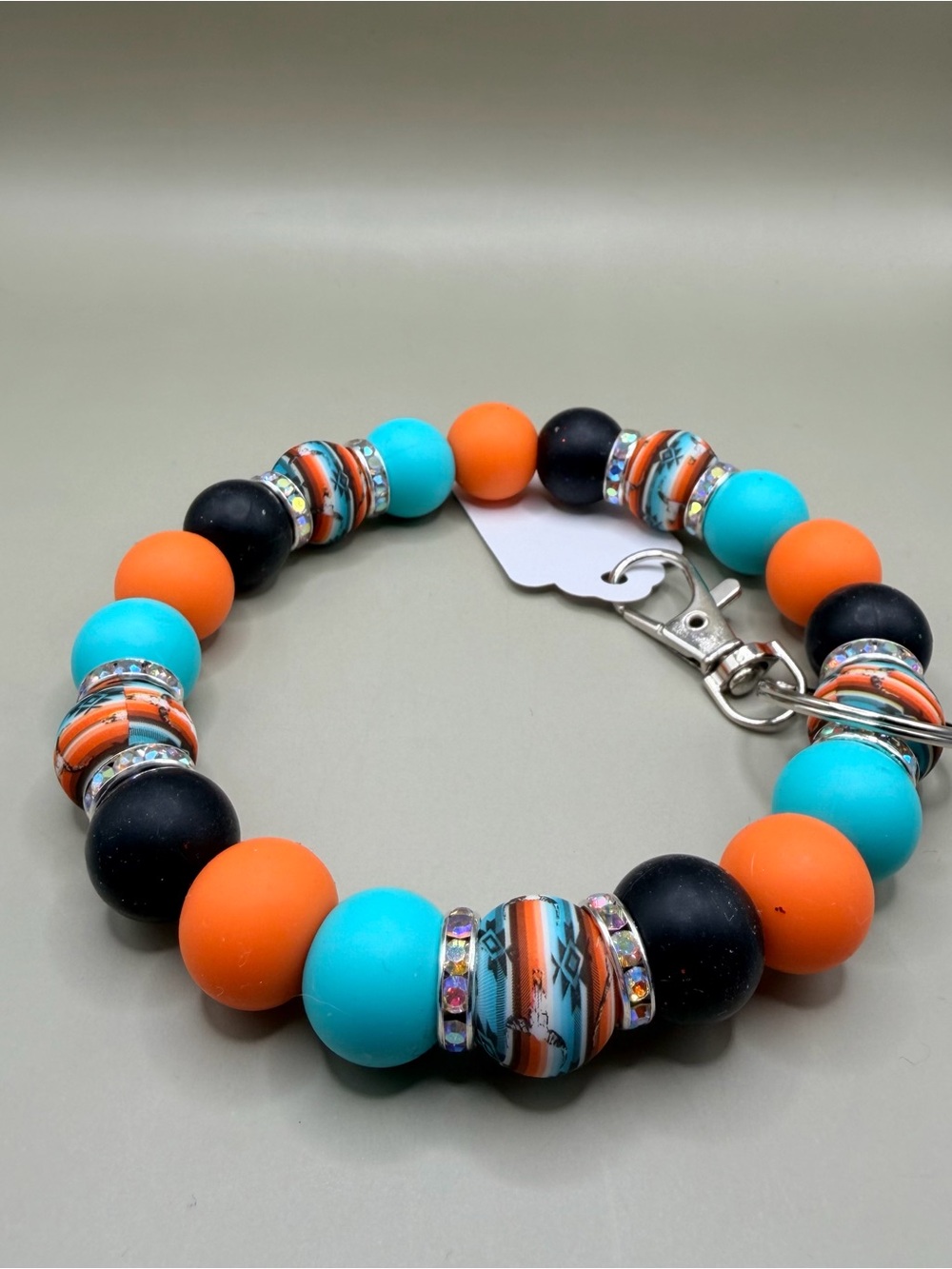 Beaded Bracelet Keychain Wristlet - Turquoise, Orange & Black